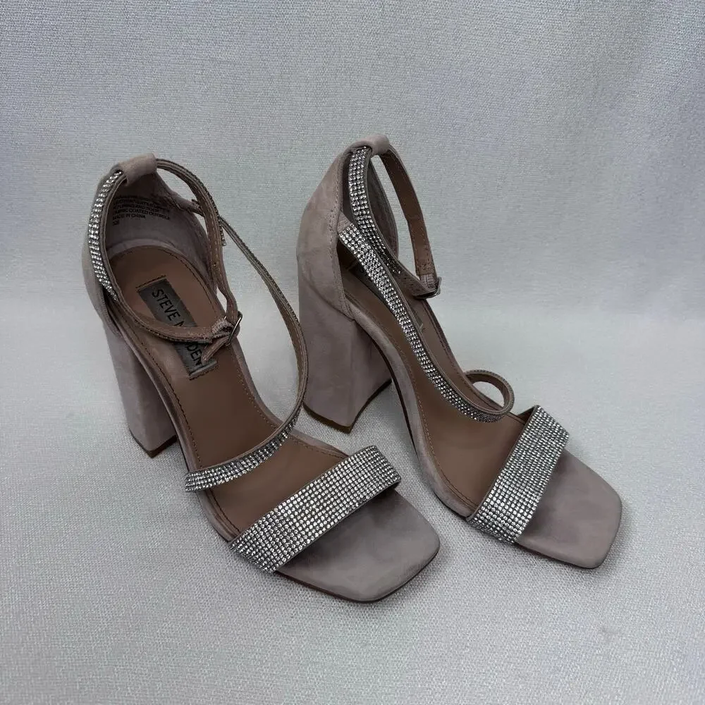 Steve Madden Tia Rhinestone Silver Block Heel Leather Textile Upper WMS Size 7M